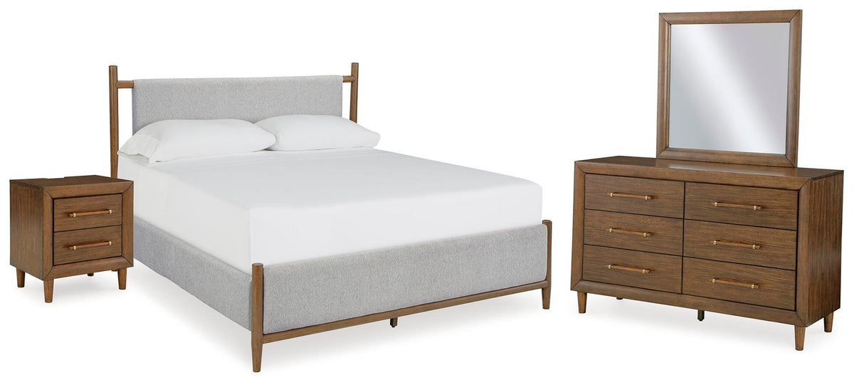 Lyncott Queen Upholstered Bed, Dresser, Mirror and Nightstand
