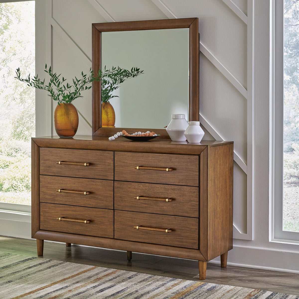 Lyncott Queen Upholstered Bed, Dresser, Mirror and Nightstand