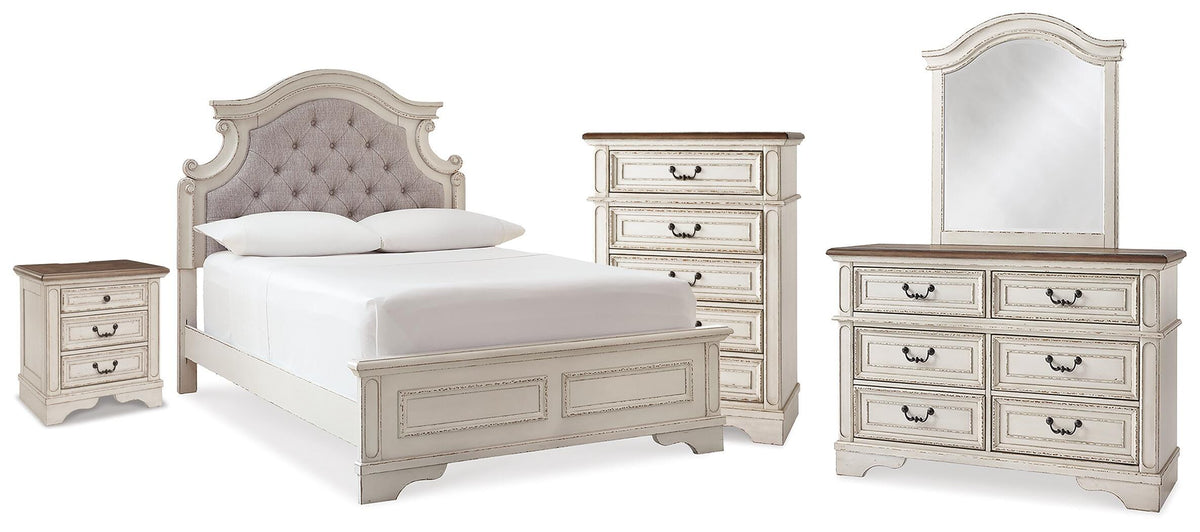 Realyn Full Panel Bed, Dresser, Mirror, Chest and Nightstand