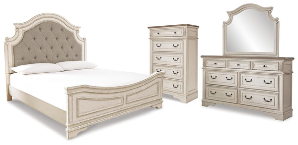 Realyn Chipped White Upholstered Panel Bedroom Set
