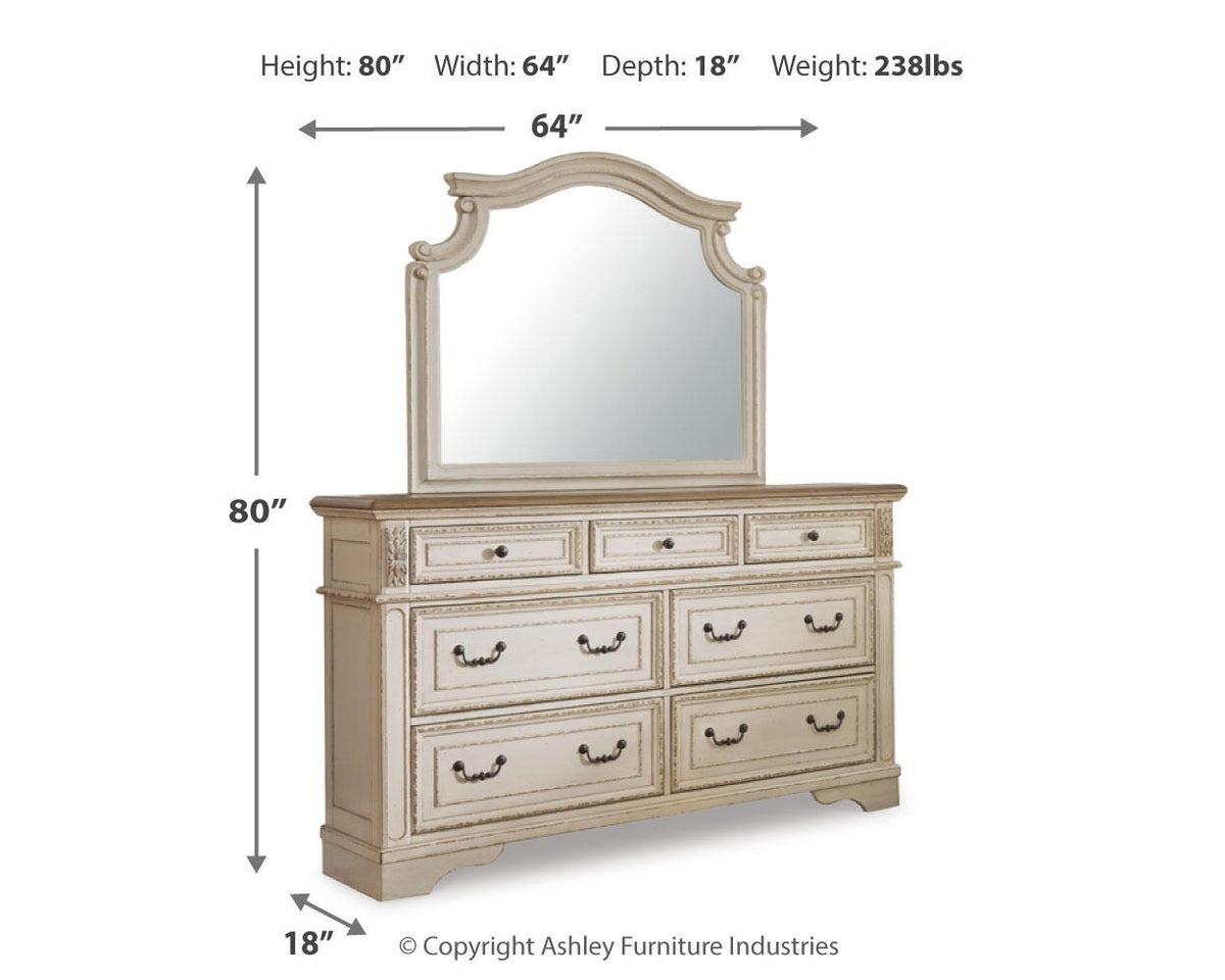 Realyn King Upholstered Panel Bed, Dresser and Mirror