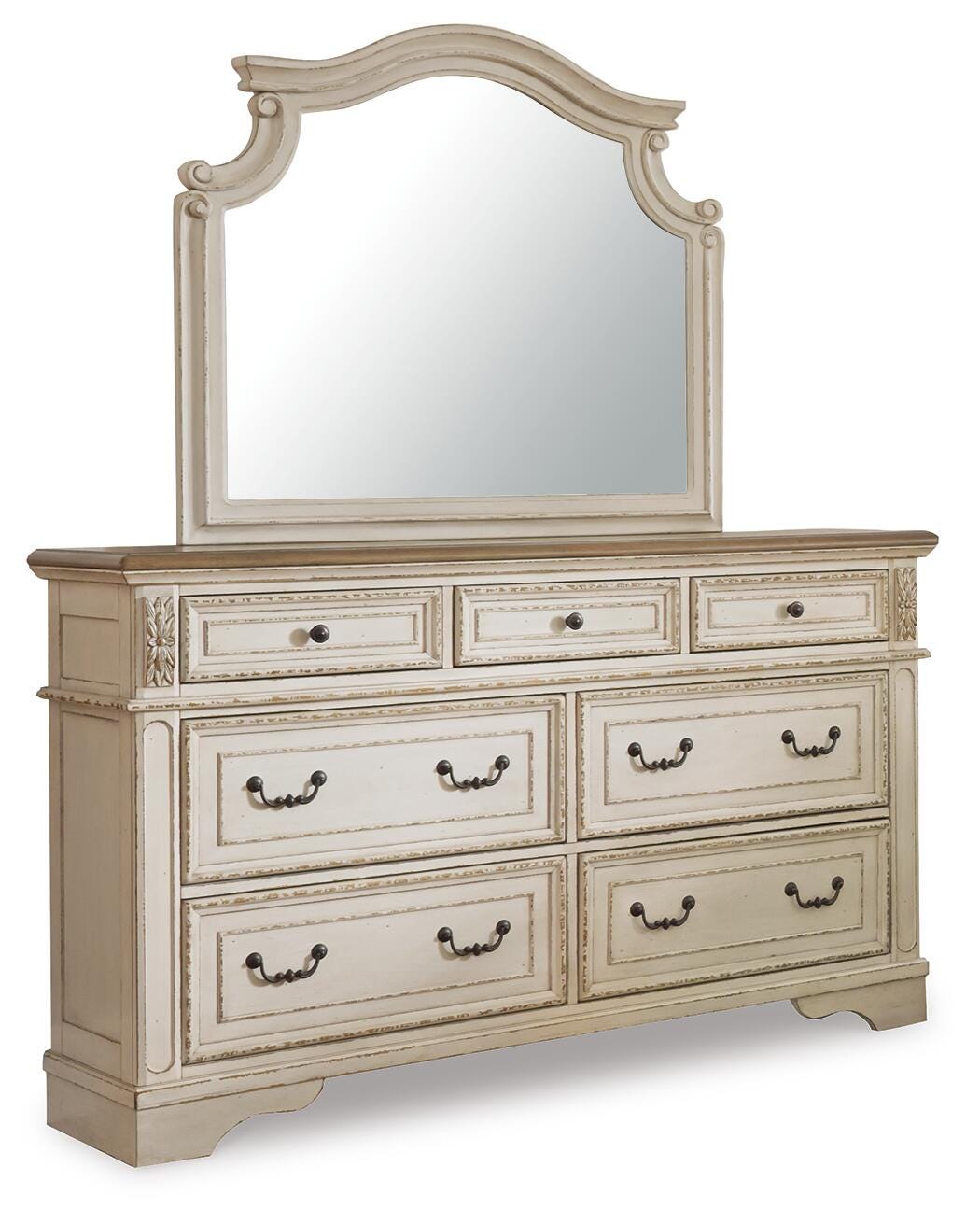 Realyn King Upholstered Panel Bed, Dresser and Mirror