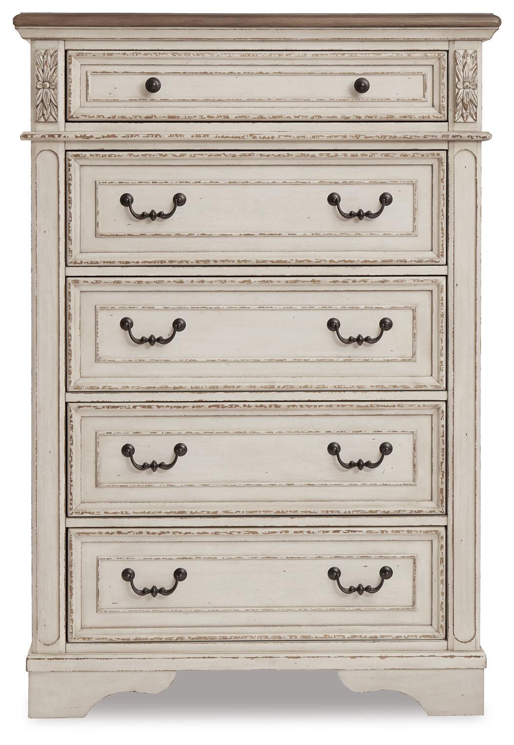 Realyn Queen Upholstered Bed, Dresser, Mirror, Chest and Nightstand