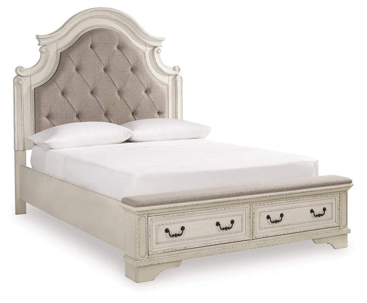 Realyn Queen Upholstery Panel Bed, Dresser, Mirror and Nightstand