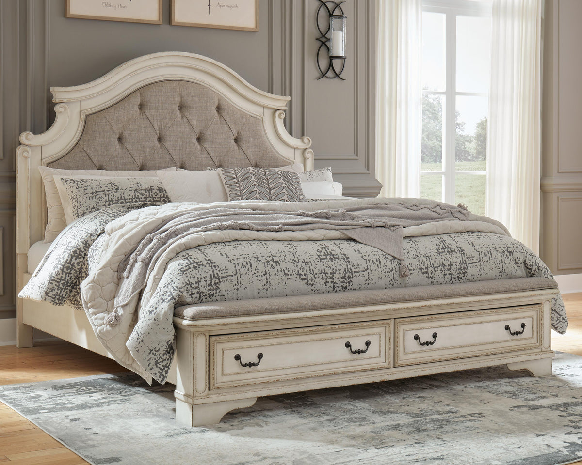 Realyn Queen Upholstery Panel Bed, Dresser, Mirror and Nightstand