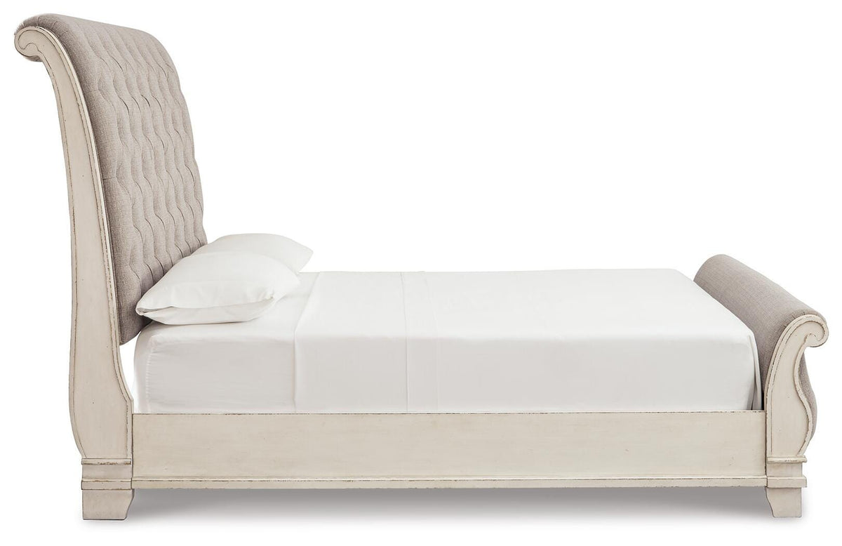 Realyn King Upholstered Sleigh Bed, Dresser, Mirror and 2 Nightstands