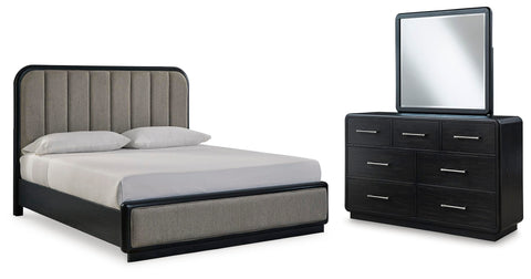 Rowanbeck Gray/Black Upholstered Panel Bedroom Set