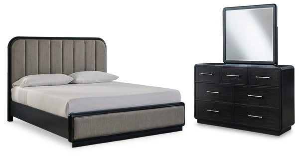 Rowanbeck Gray/Black Upholstered Panel Bedroom Set