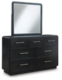 Rowanbeck Queen Upholstered Panel Bed, Dresser, Mirror and Nightstand