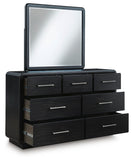 Rowanbeck California King Upholstered Panel Bed, Dresser and Mirror