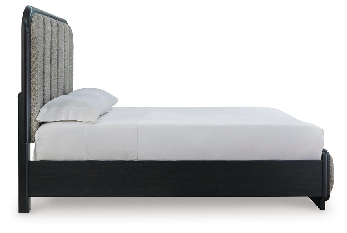Rowanbeck Queen Upholstered Panel Bed, Dresser and Mirror