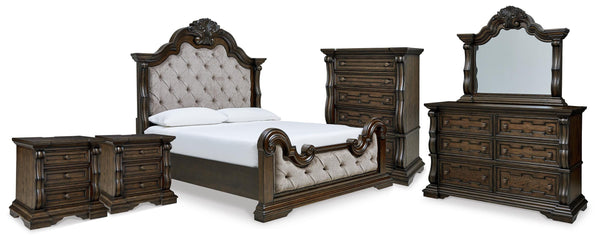 Maylee King Upholstered Bed, Dresser, Mirror, Chest and 2 Nightstands