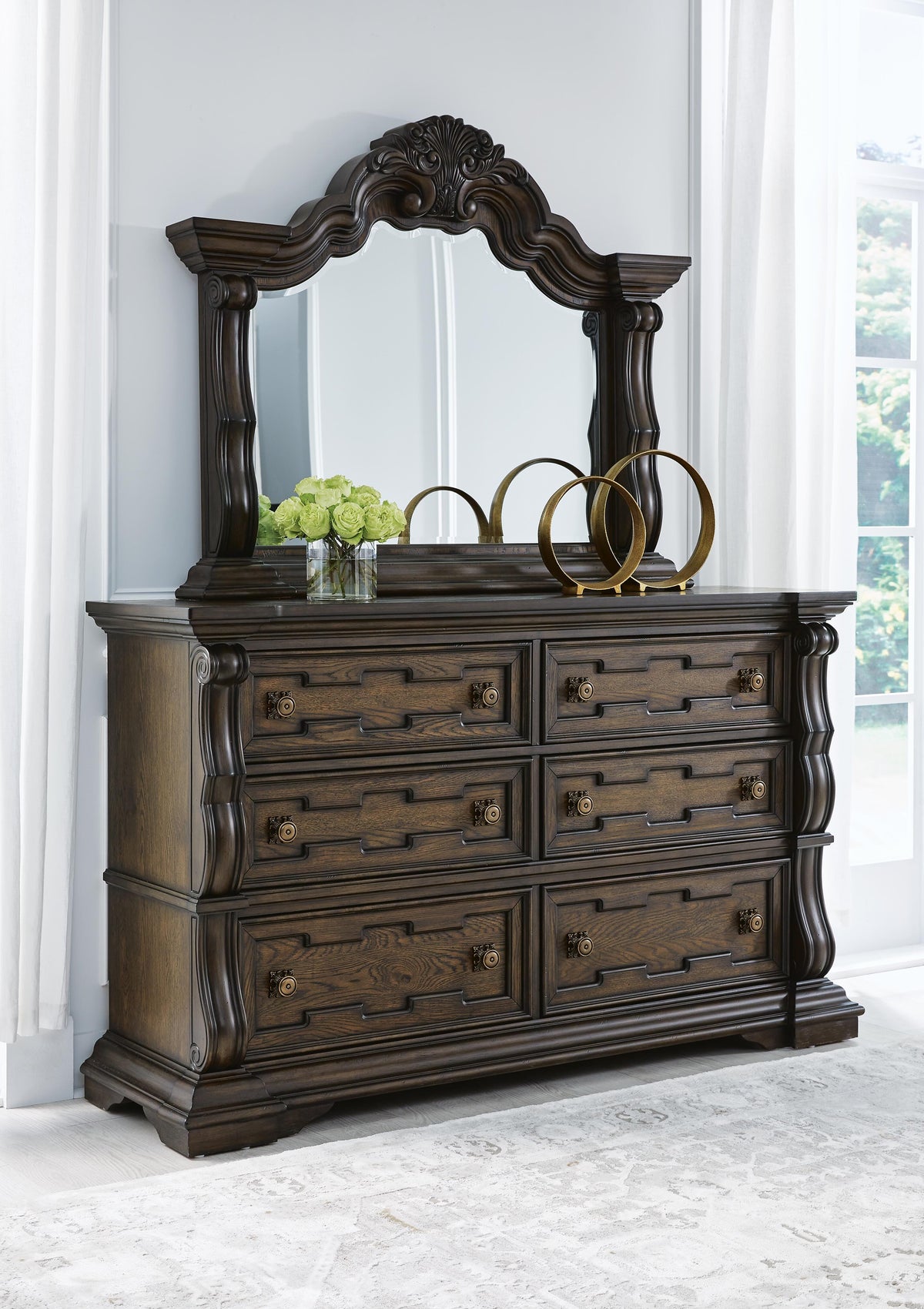 Maylee King Upholstered Bed, Dresser, Mirror and 2 Nightstands