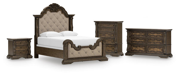 Maylee Queen Upholstered Bed, Dresser, Chest and Nightstand