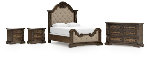 Maylee Queen Upholstered Panel Bed, Dresser and 2 Nightstands