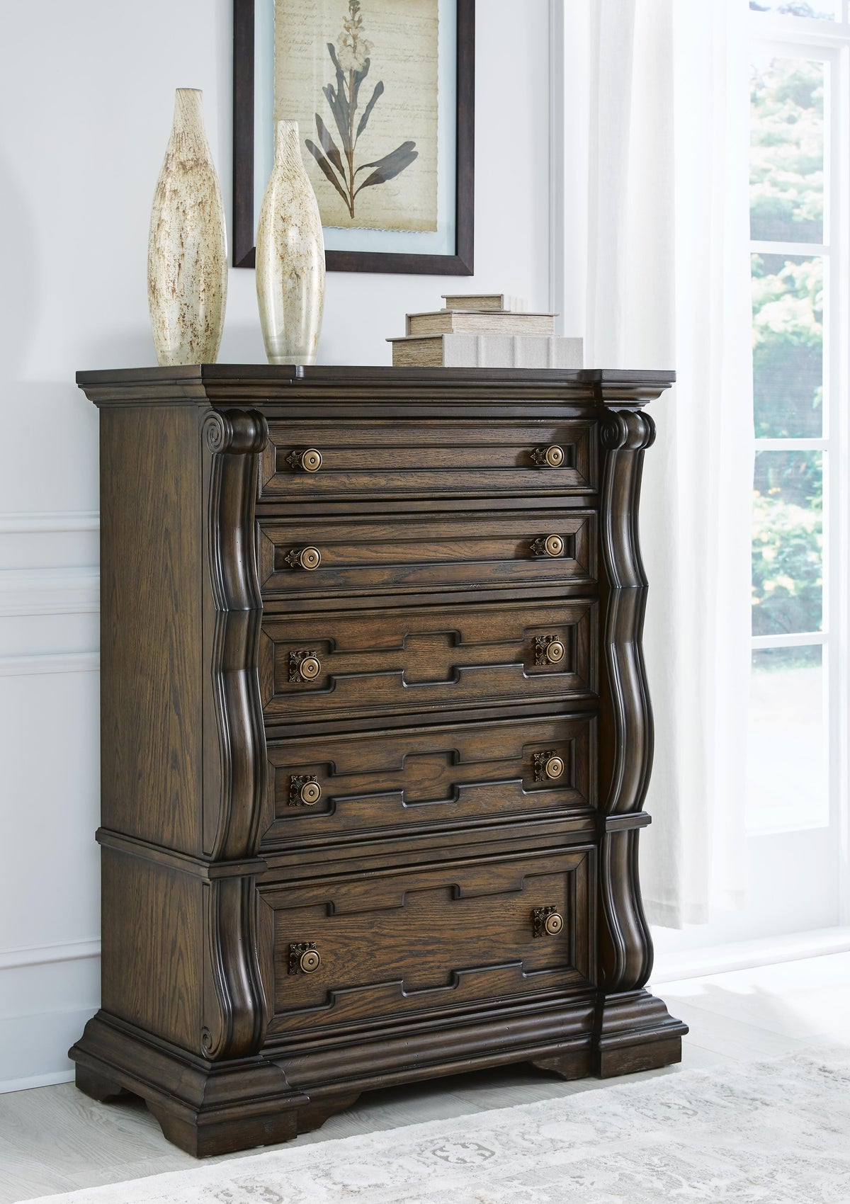 Maylee King Upholstered Bed, Dresser, Mirror, Chest and 2 Nightstands