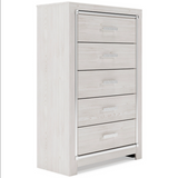 Altyra White LED Bookcase Upholstered Footboard Storage Platform Bedroom Set