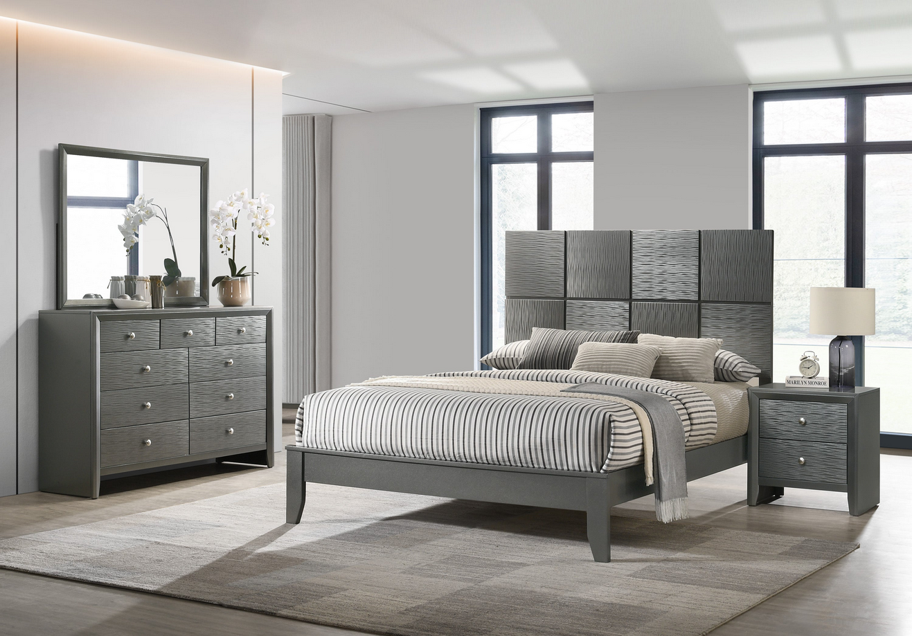 Adira Gray LED Upholstered Panel Bedroom Set - Olivia Furniture