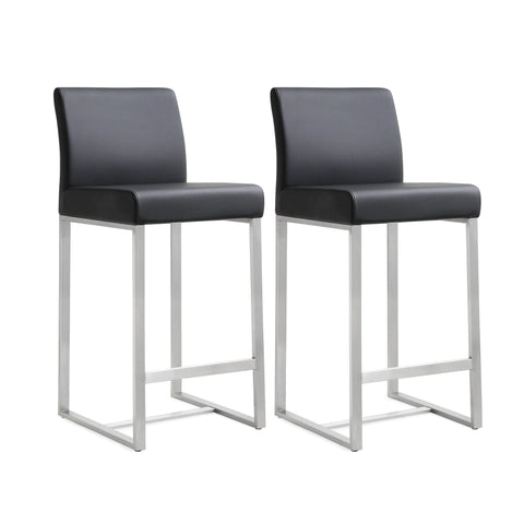 Denmark Performance Vegan Leather Stool with Silver Base - Set of 2 - Black / Counter Height