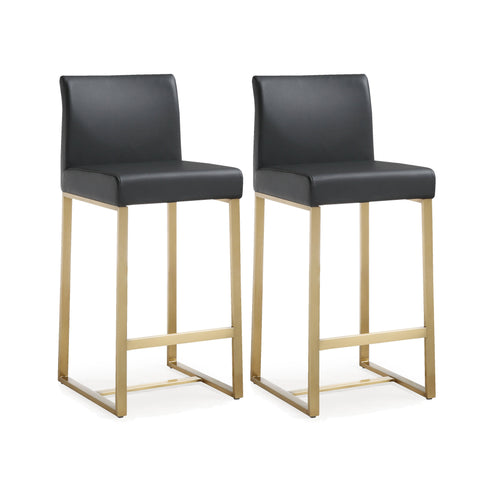 Denmark Performance Vegan Leather Stool with Gold Base - Set of 2 - Black / Counter Height