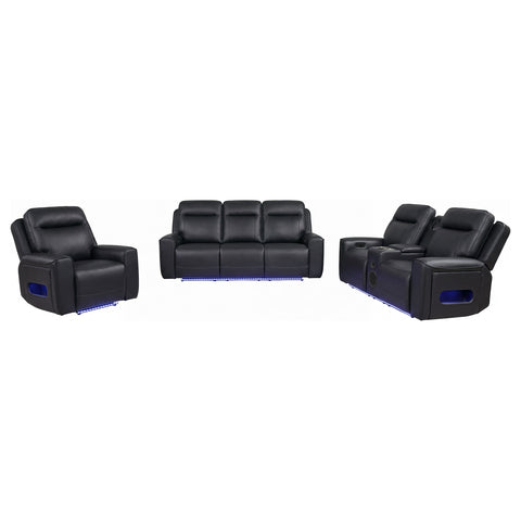Rojas Power Reclining Living Room Set Black — room scene; select a set for exact contents