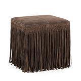 Daphne Square Suede Fringe Ottoman - Chocolate Brown