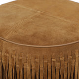 Daphne Round Suede Fringe Ottoman - Cognac