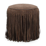 Daphne Round Suede Fringe Ottoman - Chocolate Brown