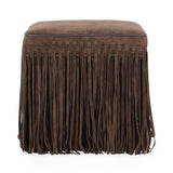 Daphne Square Suede Fringe Ottoman - Chocolate Brown