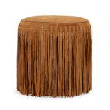 Daphne Round Suede Fringe Ottoman - Cognac