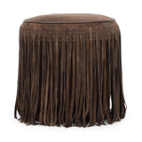 Daphne Round Suede Fringe Ottoman - Chocolate Brown