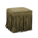 Daphne Square Suede Fringe Ottoman - Olive Green