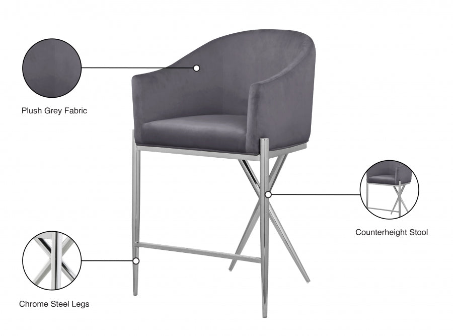 Xavier Velvet Upholstered Counter Stool — 866-C - Grey - 866Grey-C Infographic