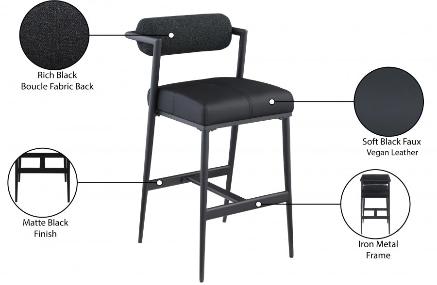 Stryker Boucle Fabric and Vegan Leather Upholstered Bar / Counter Stools — 992-C - Black - 992Black-C Infographic