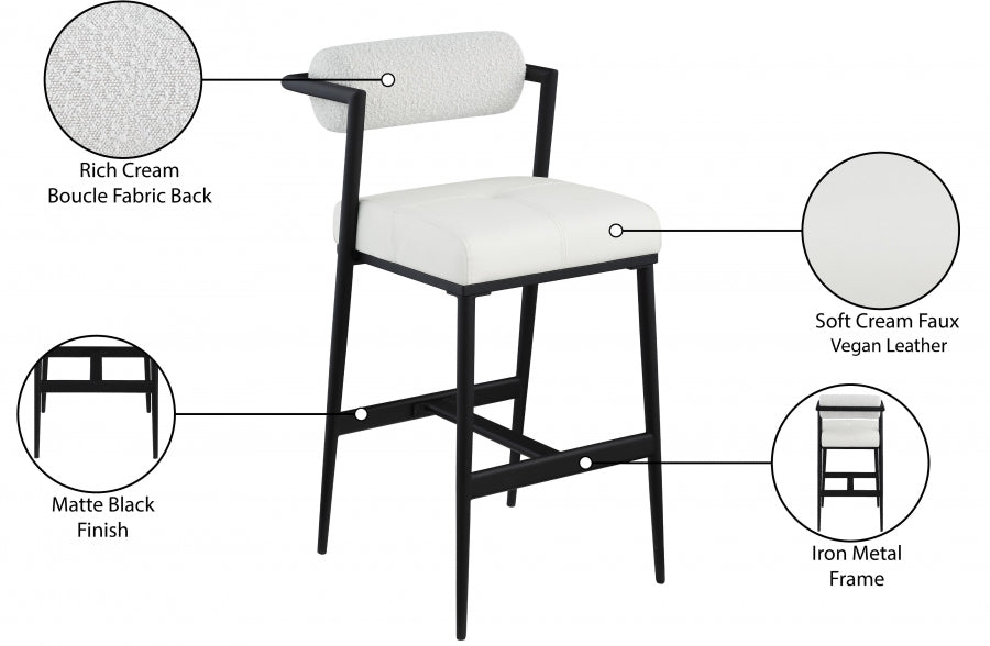 Stryker Boucle Fabric and Vegan Leather Upholstered Bar / Counter Stools — 992-C - Cream - 992Cream-C Infographic