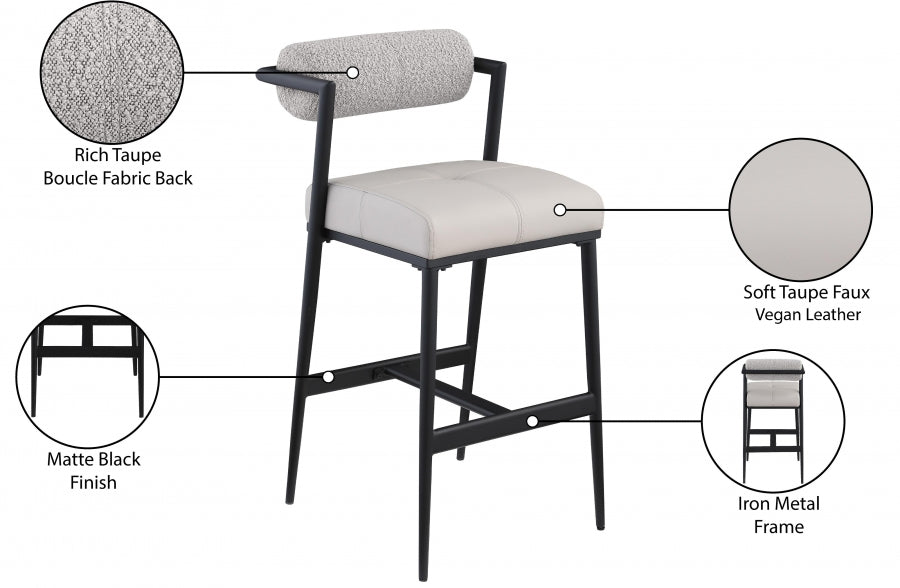 Stryker Boucle Fabric and Vegan Leather Upholstered Bar / Counter Stools — 992-C - Taupe - 992Taupe-C Infographic