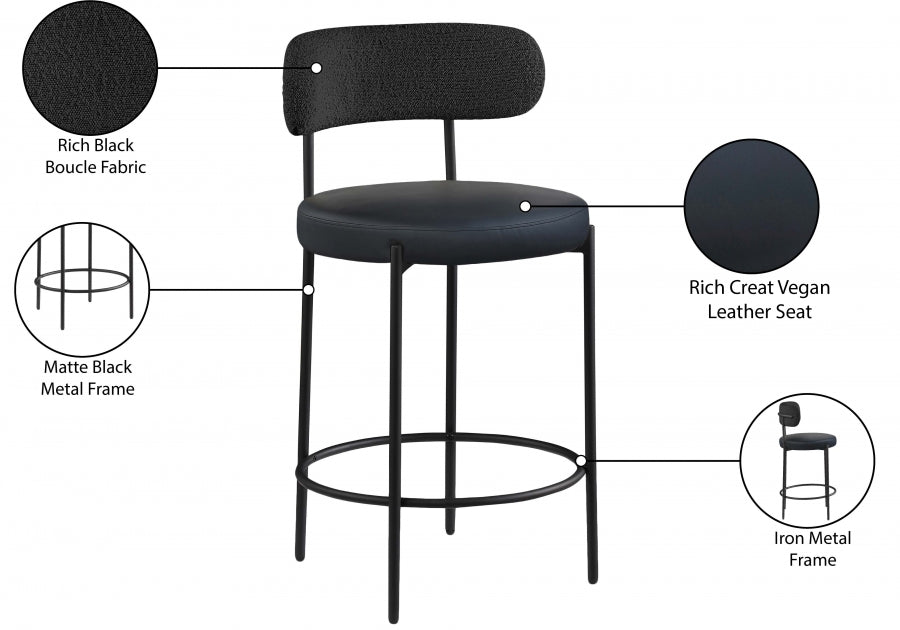 Beacon Vegan Leather And Boucle Fabric Upholstered Bar / Counter Stools — 878-C - Black - 878Black-C Infographic