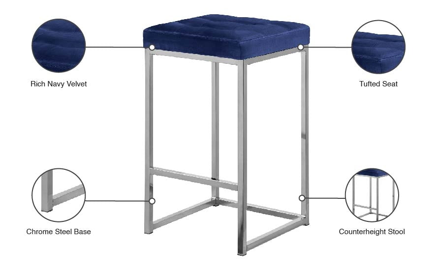 Nicola Velvet Upholstered Counter Stool — 904-C - Blue - 904Navy-C Infographic