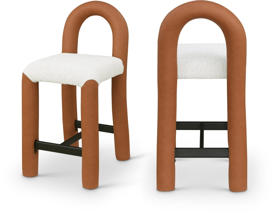 Amari Vegan Leather and Boucle Fabric Upholstered Counter Stool — 11066-C - Cognac - 11066Cognac-C Double Chair