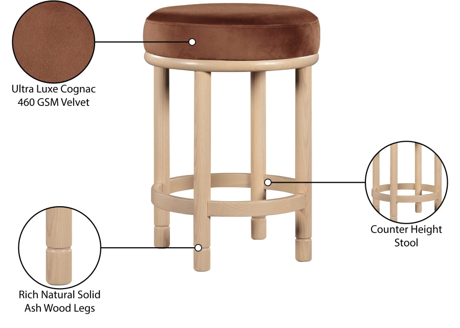 Monette Velvet Upholstered Counter Stool — 976-C - Cognac - 976Cognac-C Infographic