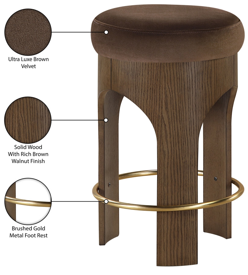Bocceli Velvet Upholstered Counter Stool — 11059-C - Brown - 11059Brown-C Infographic