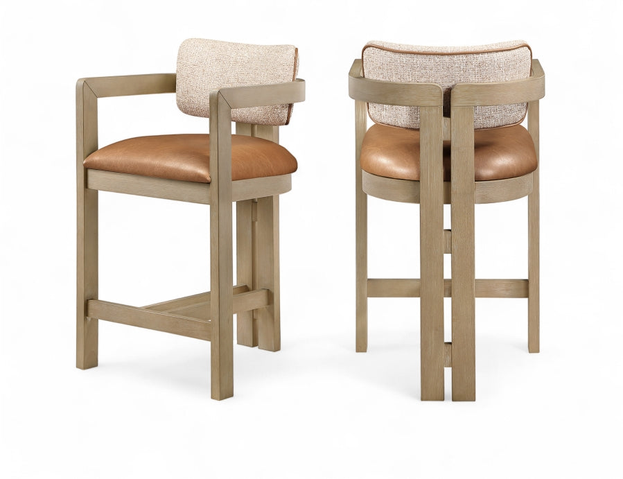 Ravina Vegan Leather and Linen Textured Fabric Upholstered Counter Stool — 88080-C - Cognac - 88080Cognac-C Double Chair