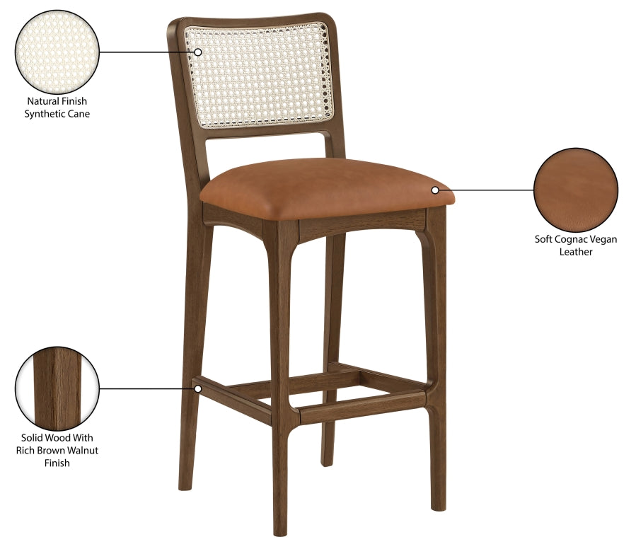 Atrium Cane Back And Vegan Leather Upholstered Seat Bar Stool — 77093-C - Cognac - 77093Cognac-C Infographic