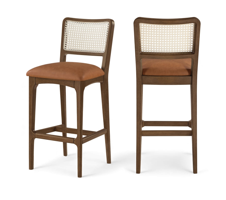 Atrium Cane Back And Vegan Leather Upholstered Seat Bar Stool — 77093-C - Cognac - 77093Cognac-C Double Chair