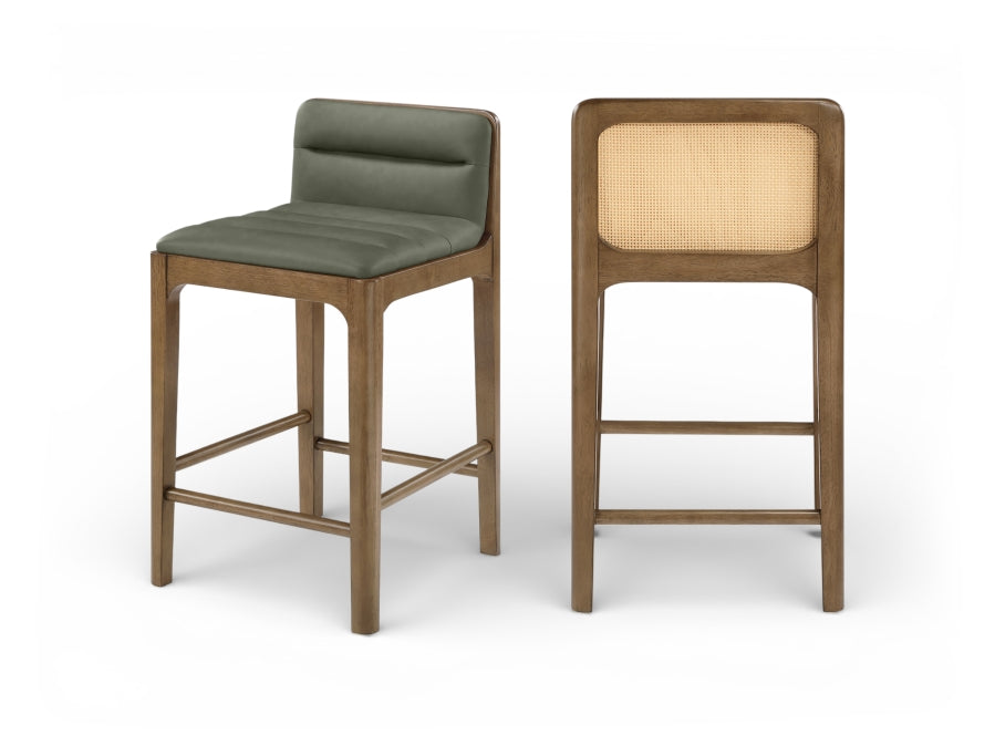 Ellis Cane And Vegan Leather Upholstered Counter Stool — 88063-C - Green - 88063Green-C Double Chair