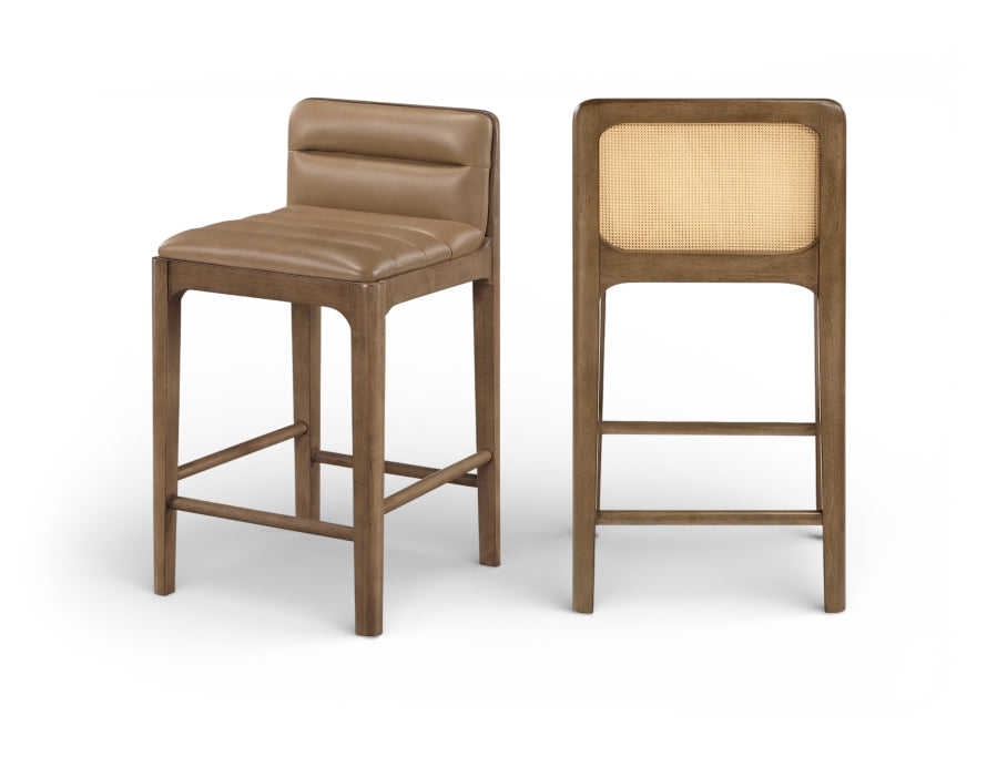 Ellis Cane And Vegan Leather Upholstered Counter Stool — 88063-C - Tan - 88063Tan-C Double Chair