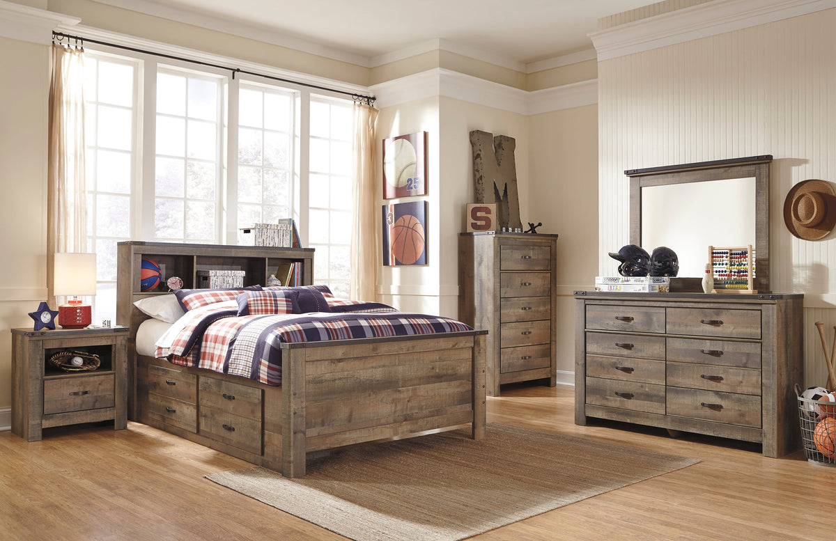 Trinell Brown Youth Bookcase Storage Platform Bedroom Set with 2 Drawers