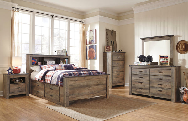 Trinell Brown Youth Bookcase Storage Platform Bedroom Set with 2 Drawers