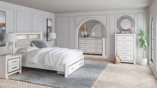 Altyra White Upholstered LED Bookcase Storage Platform Bedroom Set