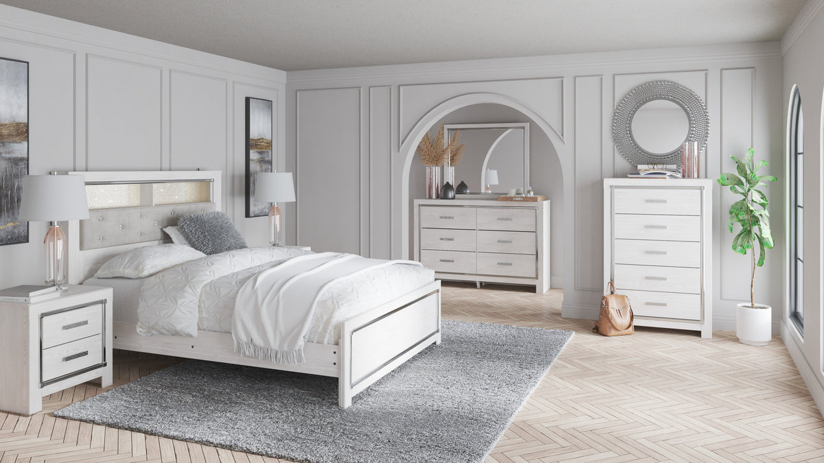 Altyra White Upholstered LED Bookcase Panel Bedroom Set